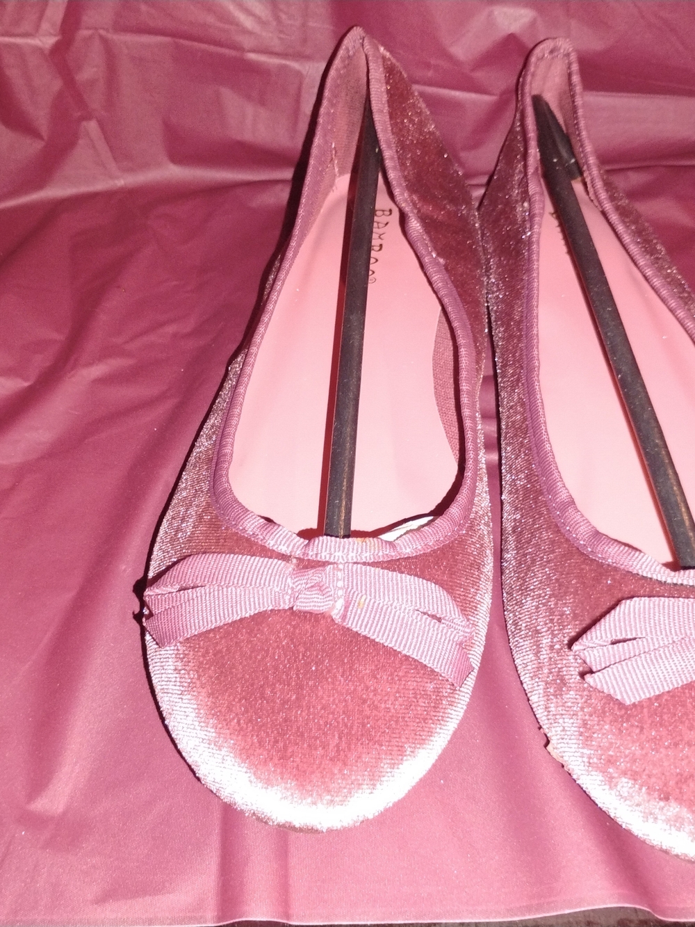 BAMBOO Rose Pink Velvet Ballet Flats with Bow Trim